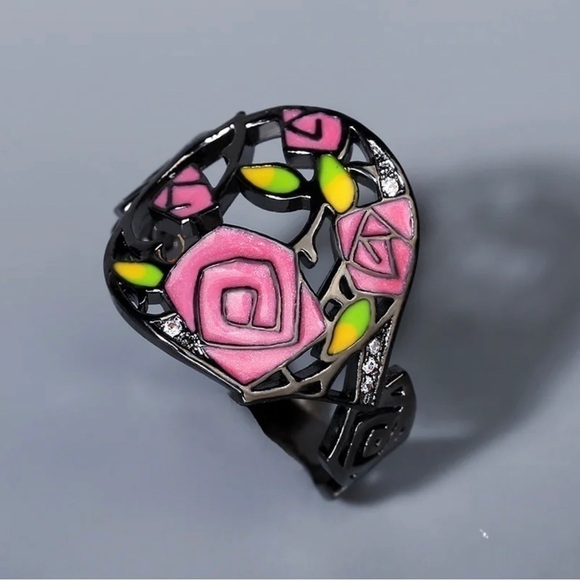 lack Gold/ Rhodium Plated Sterling Silver Beauty & The Beast Eternal Rose Ring - Picture 3 of 6